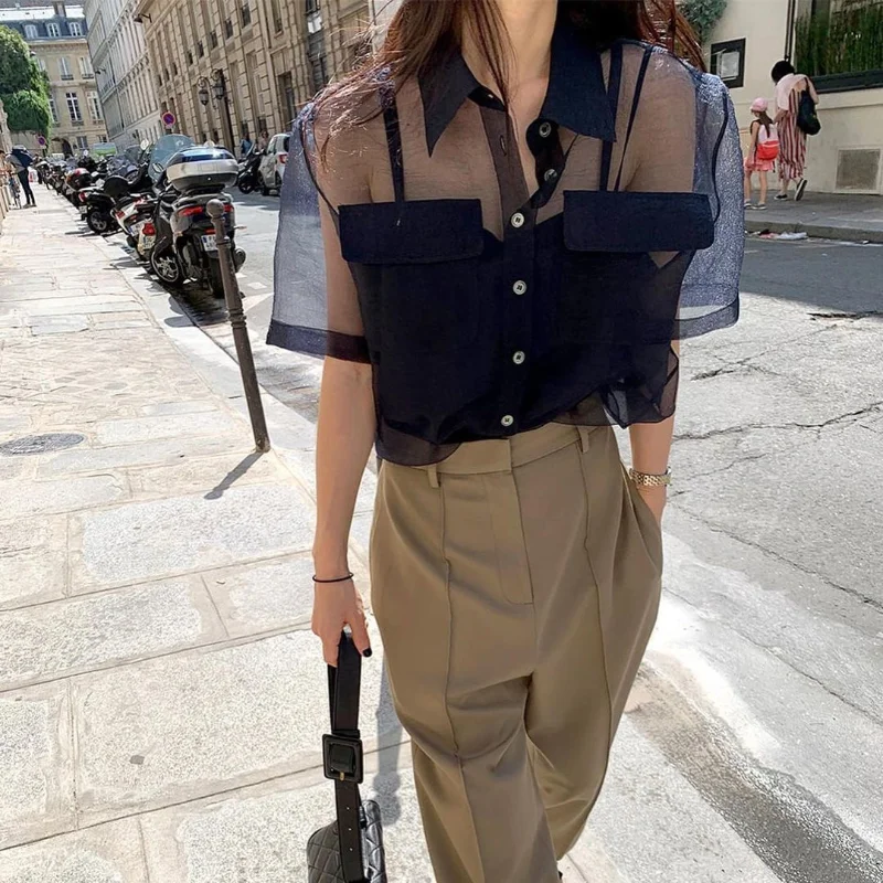 

Korean Chic Summer Loose Puff Sleeve Shirts Women See-through Mesh Patchwork Women Blouse Office Ladies Elegant Blusas Verano