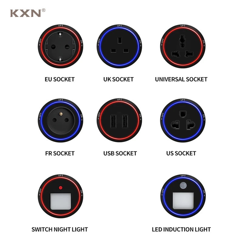 KXN-adaptadores eléctricos multifunción, enchufes universales de aleación de aluminio con LED para enchufes de pista de alimentación, UE, Reino Unido, EE. UU., Francia, Reino Unido