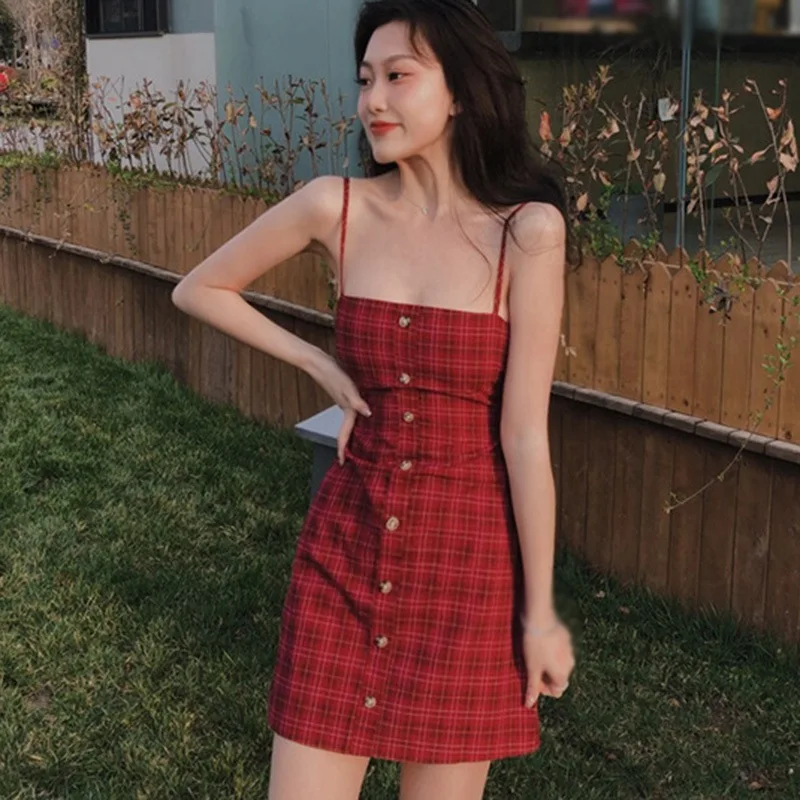 

2021Women summer Casual Trick Backless High Waist Slim Plaid Sling Dress All-Match Lady Dress