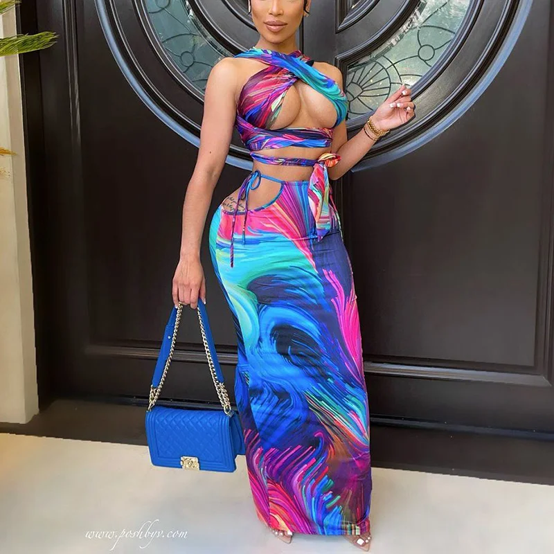 

Летние костюмы из двух предметов с принтом, Соблазнительный топ с лямкой на шее и бандажный кроп-топ и облегающая юбка макси