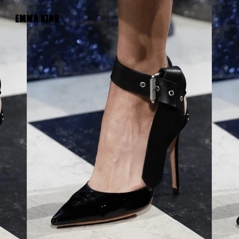 

Black Square Buckle Strap Dress Shoes Thin High Heels Pointed Toe Women Banquet Pumps Size35-44 Runway Spring Heels 2021