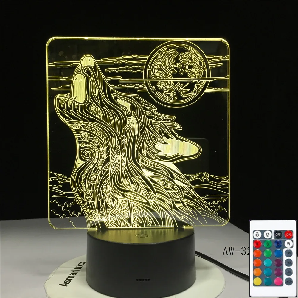 3D-3226 полнолуние ночь Howl Волк 3D светодиодный акриловый RGB Ночной светильник USB