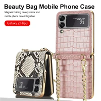 makeups mirror case for samsung z flip 3 cover magnetic bag phone case with chain strap shockproof shell for galaxy z flip3 case