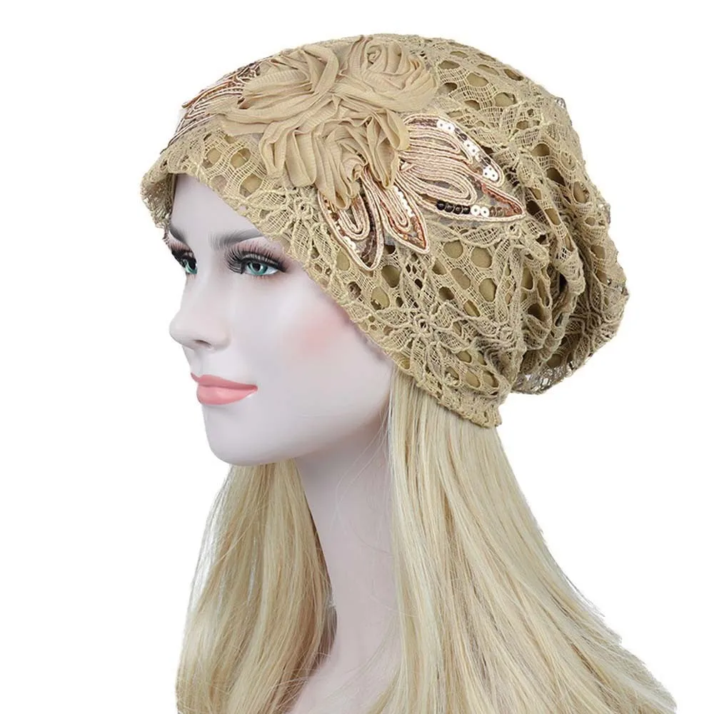 

Women Beanie Solid Color Hats 2021 Fashion Lace Flower Slouchy Baggy Head Cap Chemo Beanie Cancer Hat Turban