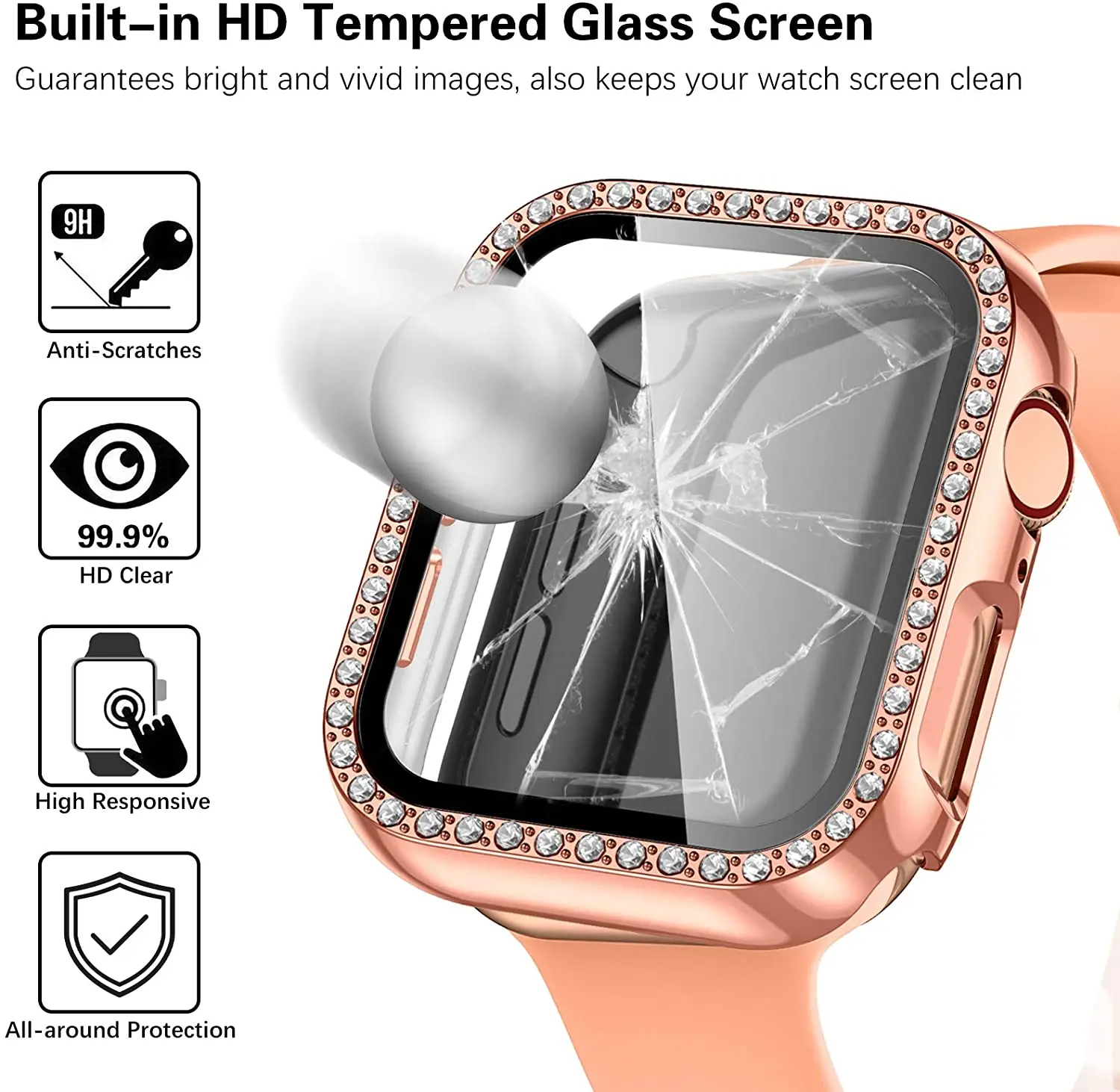 Glass+Cover For Apple Watch Case 44mm 40mm 45mm 41mm 42mm 38mm Accessories Diamond Screen Protector iWatch series 3 4 5 6 se 7 | Наручные