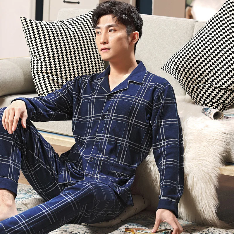 

men's elegant plus size household suit men's youth Men's stripe pajamas long sleeve cotton spring and autumn cardigan pajamas