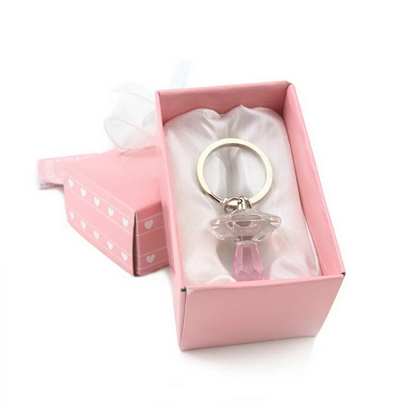 

10PCS Pink Crystal Pacifier Key Chain In Gift Box Baby Girl Shower Favors Birthday Souvenir Party Giveaways Gift Drop Shipping