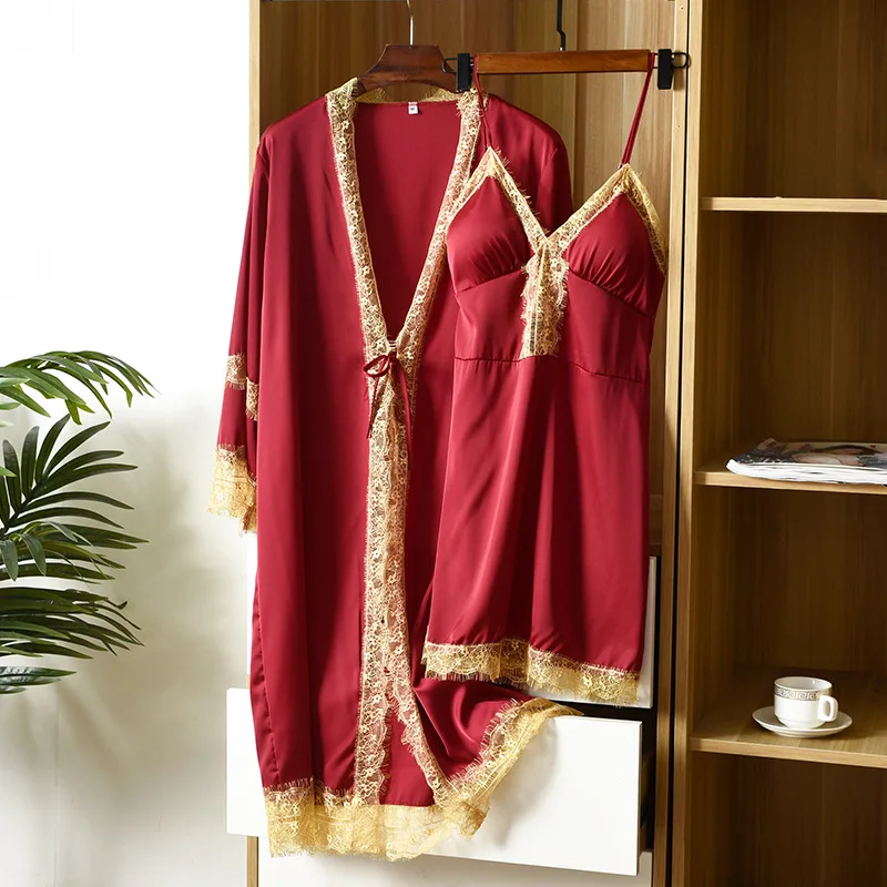 

Sexy Lace Women Robe Sets 2PCS Strap Top Nightgown Bath Bride Dressing Gown Summer Rayon Sleepwear Lounge Nightwear Home Dress