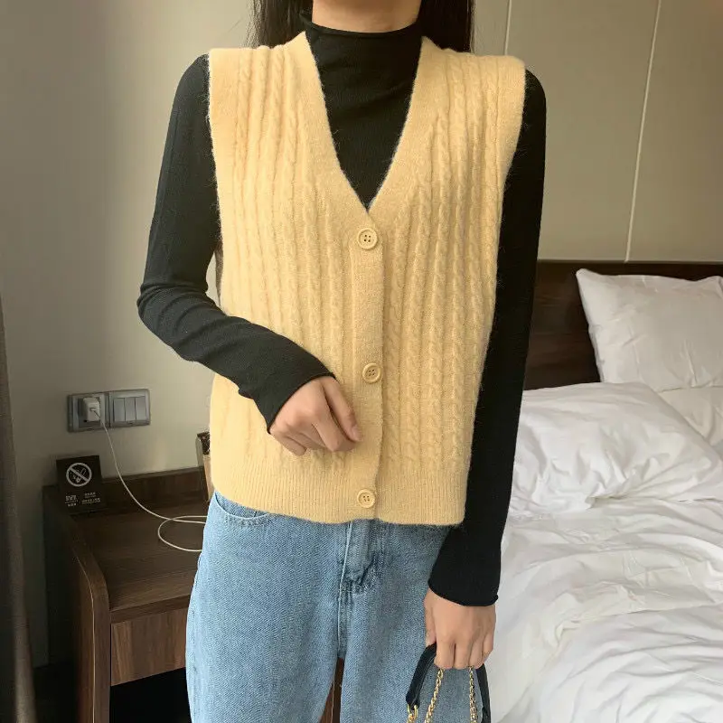 

Sweater Vest Women Twist Knitting Colorful Open-stitch Single-breasted V-neck Sleeveless Female Baggy Leisure Korean-style Chic