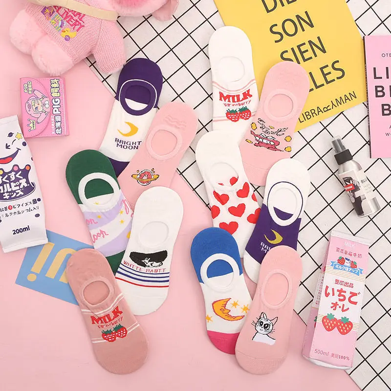 Sfree 6Pairs Purple Moon Socks Female Summer Thin Invisible Socks Korean Girl Cute Japanese Cartoon Sex Heart Socks