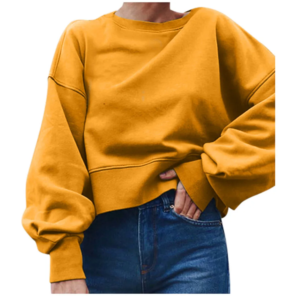 JAYCOSIN Женская модная однотонная толстовка с круглым вырезом длинным рукавом и