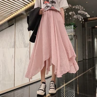 women elegant solid color midi skirt ladies korean high waist pleated cotton linen irregular skirts saias 2020 summer plus size