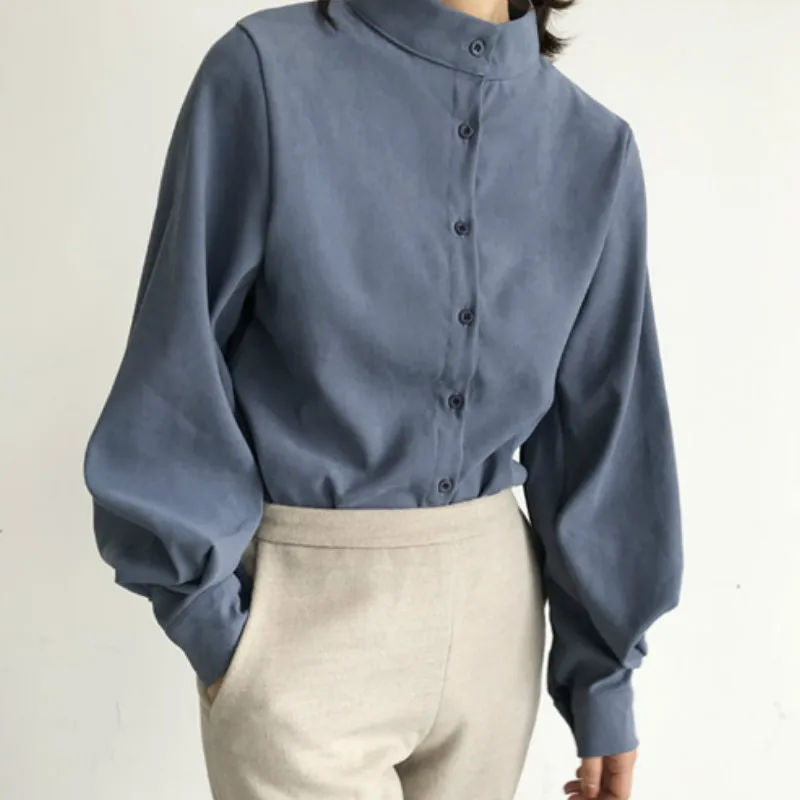 

Lantern Sleeve Blouse Women Tops 2020 Autumn Winter Single Breasted Stand Collar Shirts Office Blouse Vintage Shirt Female SL80