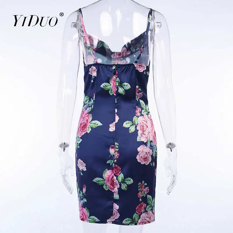 

YiDuo Fashion Floral Print Soft Satin Spaghetti Strap Backless Bodycon Casual Dress 2020 Summer Women Sexy Mini Dress Streetwear