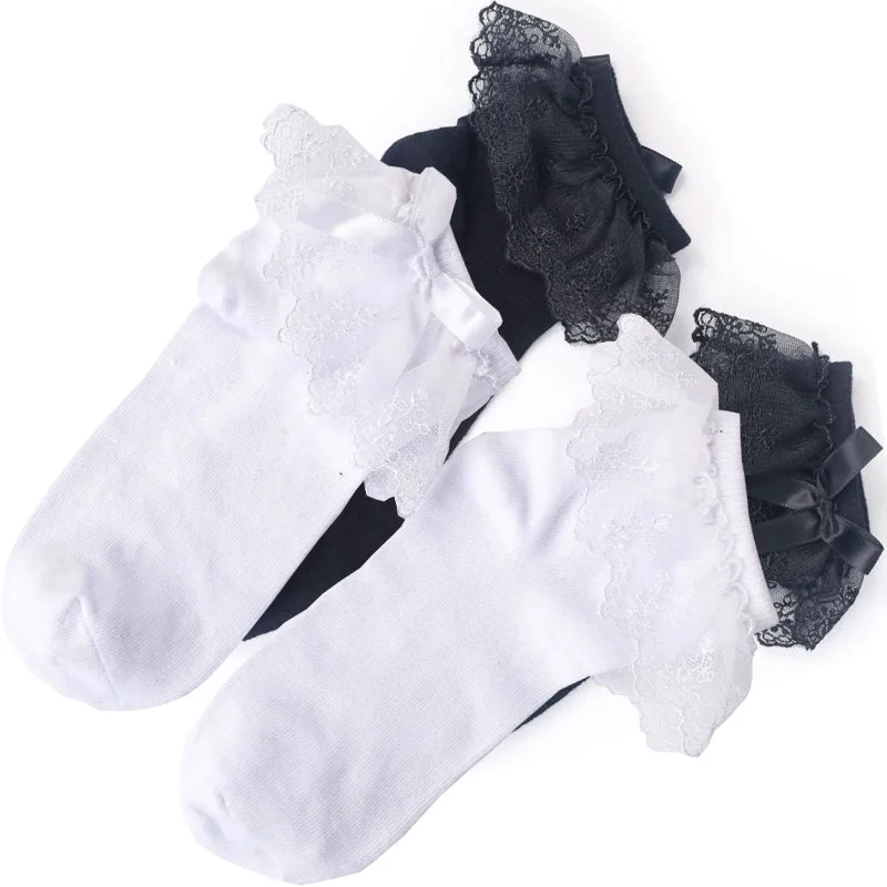 Lolita Cute Lace Socks Women Ruffles Female Kawaii Breathable Cotton Ankle Princess Solid Lady Harajuku Vintage Soft Short Socks