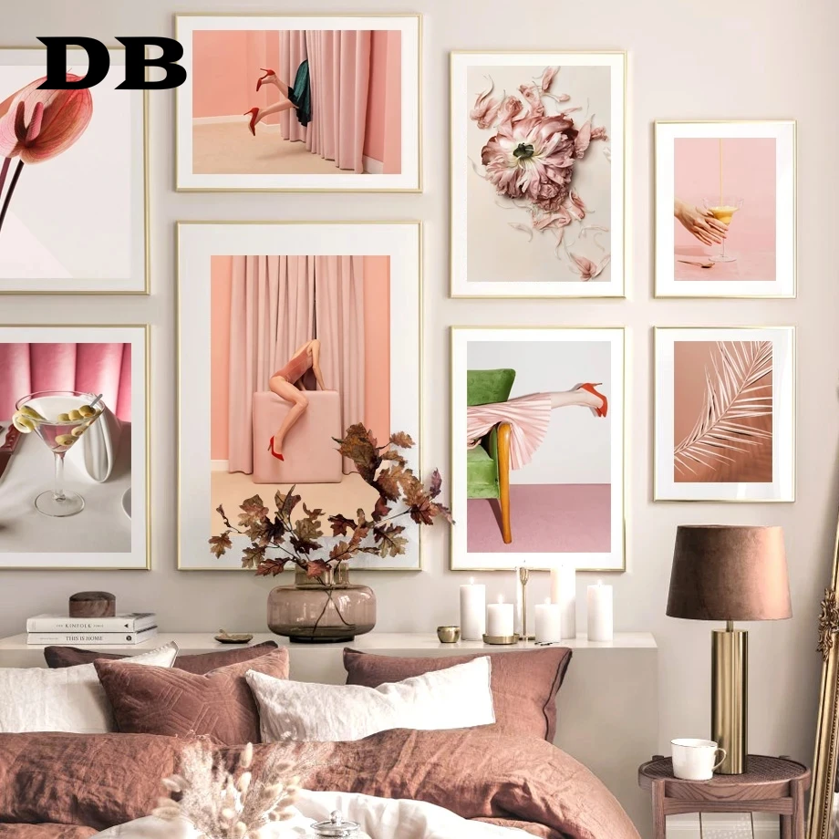 

Heels Lady Pink Shadow Palm Leaf Flower Latte Wall Art Print Canvas Painting Nordic Poster Wall Pictures For Living Room Decor