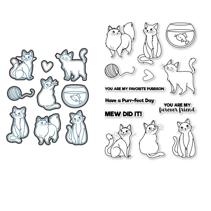 

2pcs/lot Cat Lover Clear Stamp Set and Coordinating Dies Cute Cats Etched Metal Cutting Dies For DIY Scrapbooking Card Making