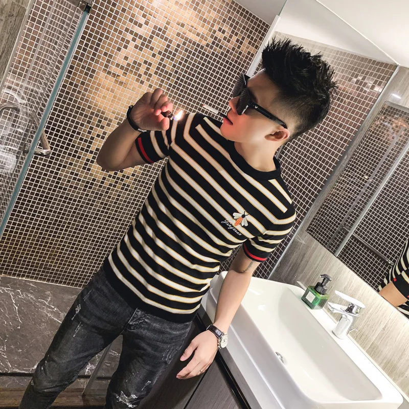 Футболка мужская с круглым вырезом трикотажная рубашка в полоску облегающая