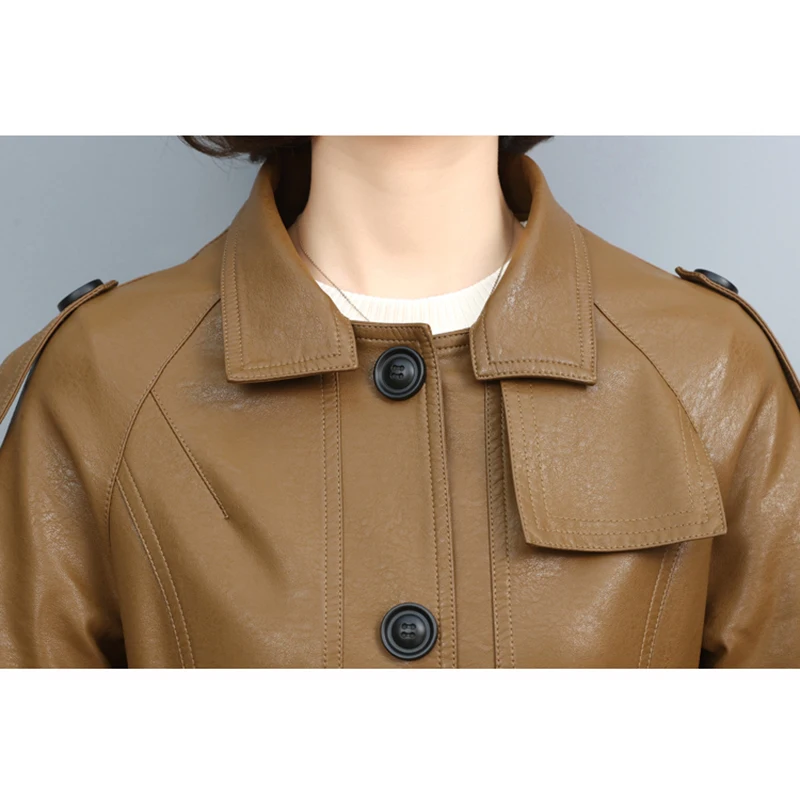 New Women Leather Trench Coat Spring 2022 Fashion Turn-down Collar Solid Color Drawstring Loose Long Sheepskin Coat