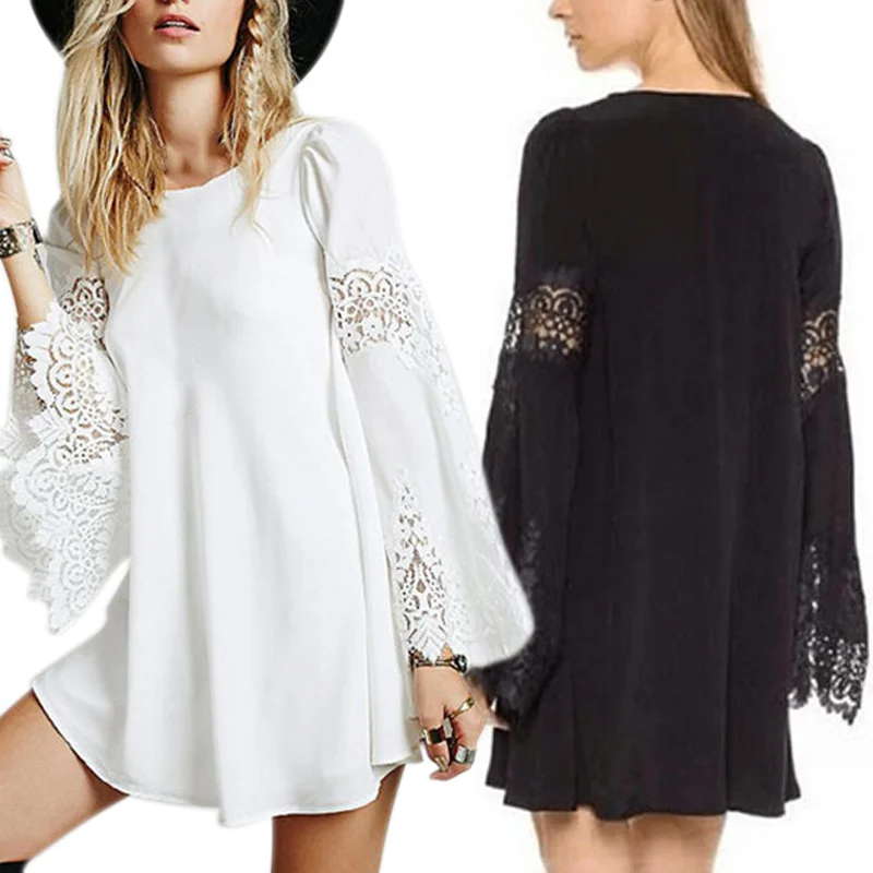 

Женское кружевное шифоновое платье с оборками и длинным рукавом, повседневные свободные мини-платья а-силуэта XRQ88