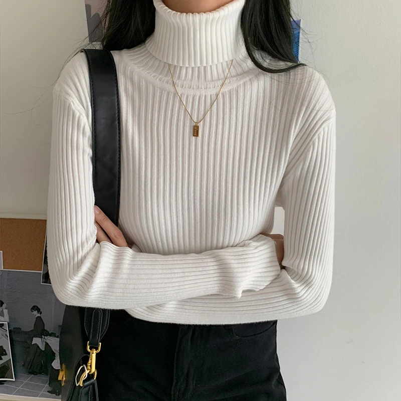 

2021 Autumn Winter Korean Fashion Thick Sweater Women Knitted Ribbed Pullover Long Sleeve Turtleneck Slim Pullover Soft Warm Top