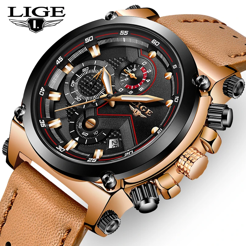 

2021 LIGE Men Watch Top Luxury Brand Sport 50m Waterproof Quartz Watches For Men Fashion Leather Chronograph Relogio Masculino