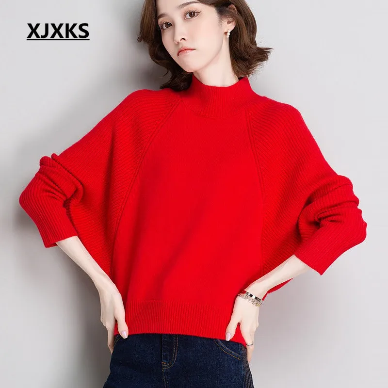 

XJXKS 2021 autumn winter new wool knitted turtleneck sweater women pullover loose plus size fashion bat sleeve women sweater