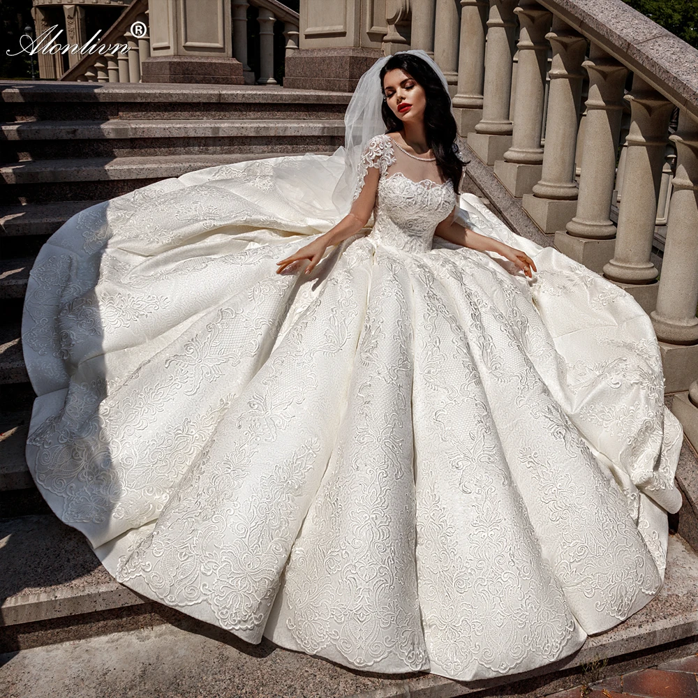 

Alonlivn vestido de noiva O-Neck Half Sleeves Lace Up Bride Gowns Luxury Lace Puffy Ball Gown Wedding Dresses