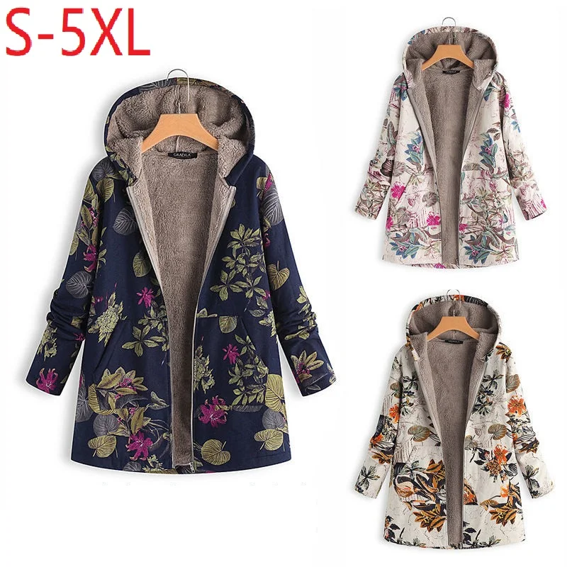 

Winter Women Warm Outwear Floral Print Long Hooded Coats Vintage Fluffy Fleece Zipper Coat Loose Female Pocket Jacket 5XL