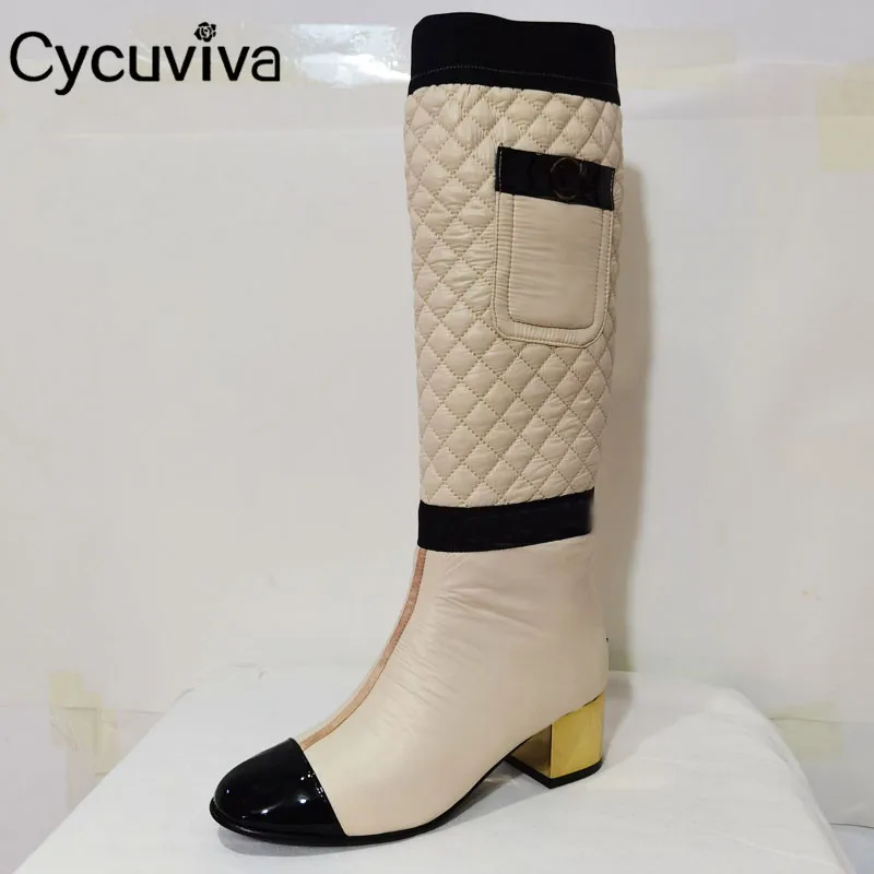 

New Winter Brand Knee High Boots Women Block Chunky Heel Long Boots Round Toe Real Leather Knight Boots Women Down Shoes