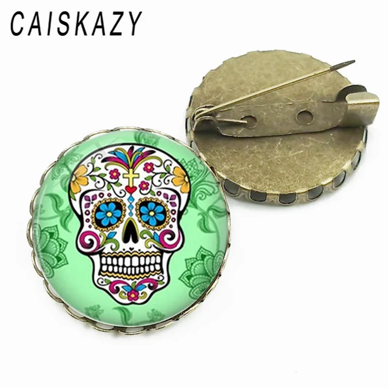 Модный булавка с изображением мексиканского сахарного черепа в стеклянном куполе, винтажные украшения и цветочные булавки на сумку и шляпу с позолоченным воротником для женщин.