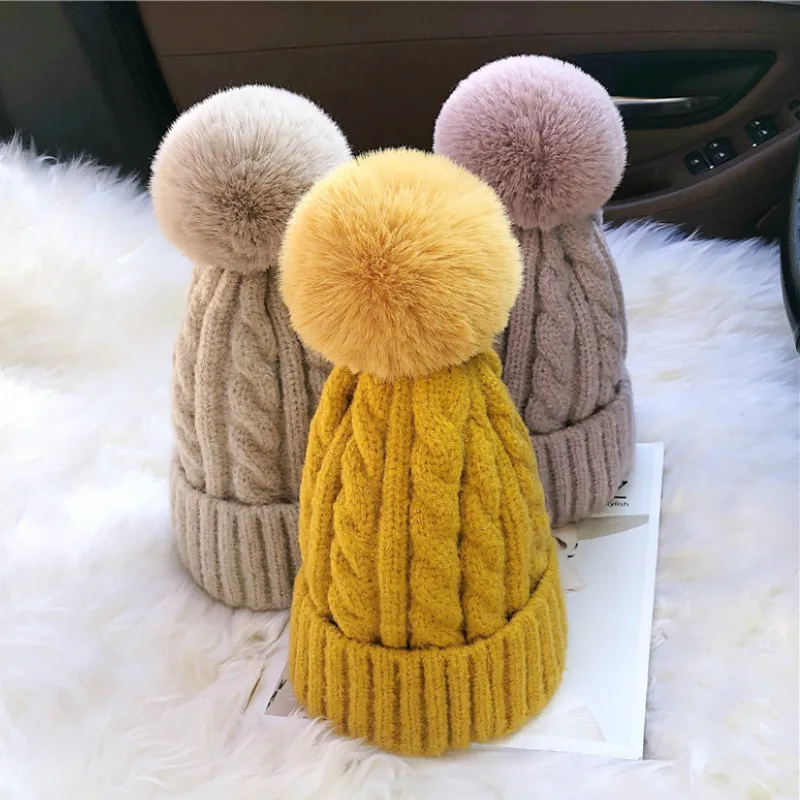 Зимние теплые шапки с помпоном из искусственного меха Модные Лыжные для девочек