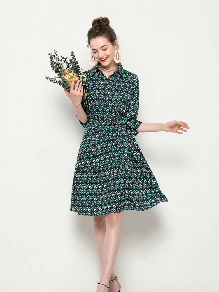 

Lapel 3/4 Sleeve Lace Floral Dress High Quality Knee Dress 2021 Spring Summer New Fashion Women