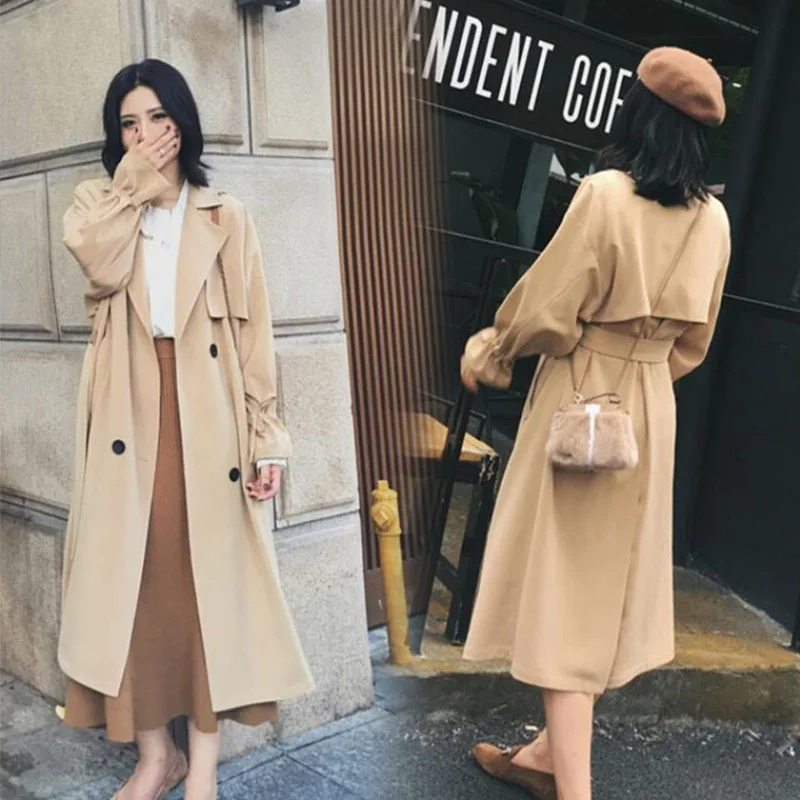 FTLZZ New Autumn Women Long Trench Coat Casual Double Breasted With Belt Khaki Outwear Fashion Windproof Coats | Женская одежда