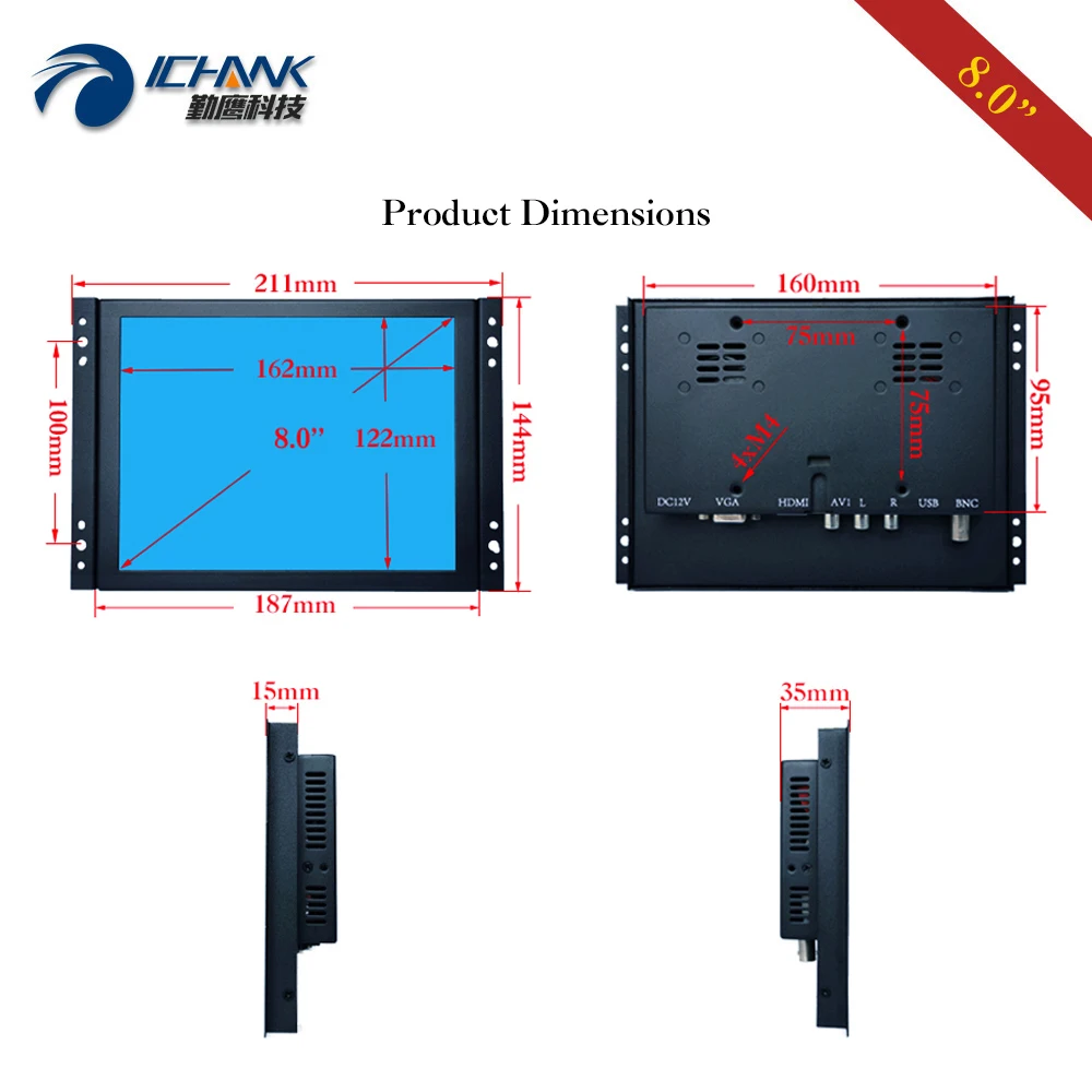 K080TN ABHV/8 дюймов 1024x768 маленький размер AV BNC VGA HDMI Встроенный Открытый каркас