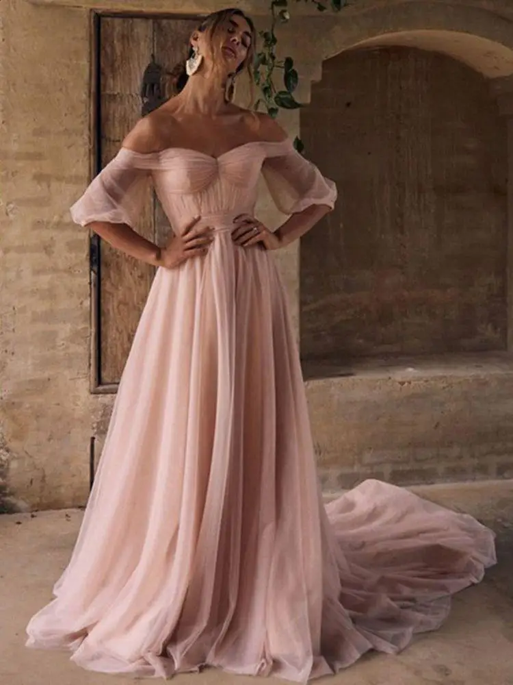 

Elegant A-Line Rose Pink Prom Dresses 2022 Puff Sleeve Off The Shoulder Backless Soft Tulle For Women Party Gown Sweep Recommend