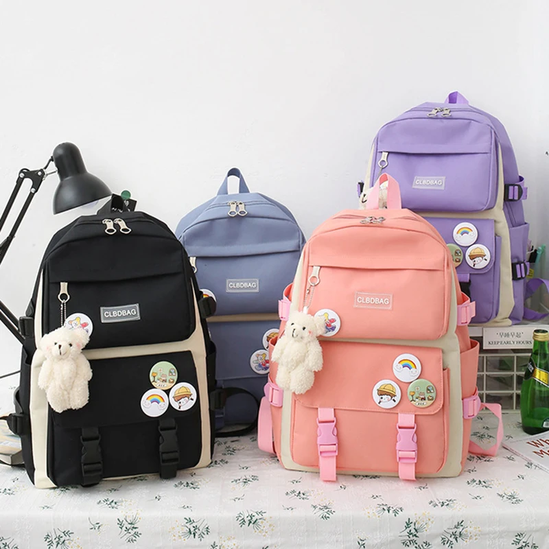

4 Pcs Set Women Canvas Backpack Kawaii Harajuku Schoolbag For Teenager Girls Large Laptop College Dtudent Backpack Female Bag