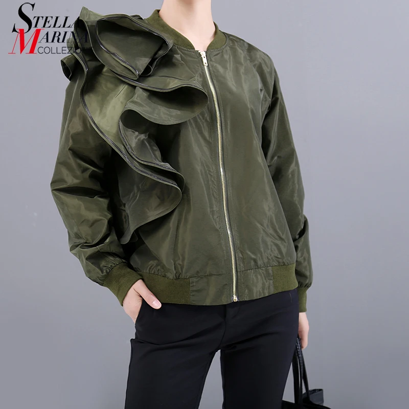 * Новинка 2019 корейский стиль женская однотонная зеленая куртка с оборками на