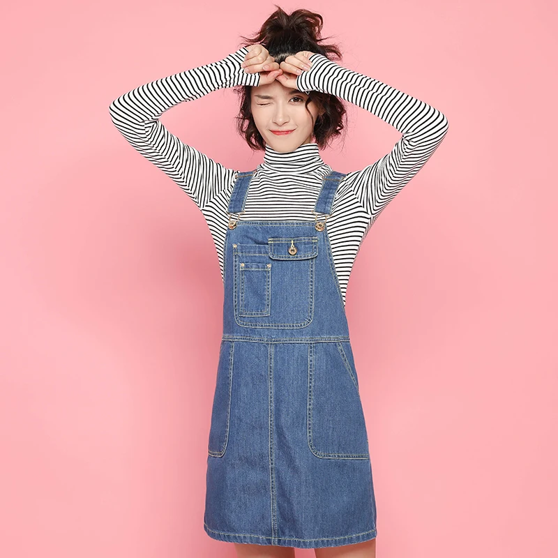 

Summer denim halter skirt Korean version slimming age A placed high-waisted web celebrity big pocket dress women