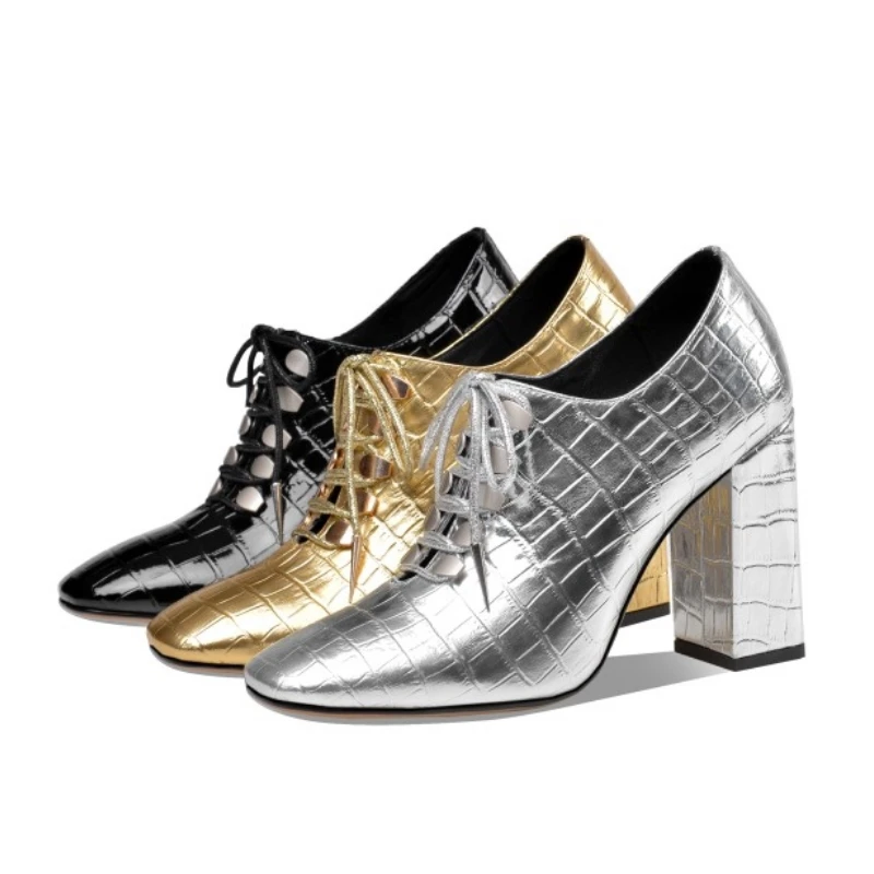 

Taoffen Real Leather Women Pumps Square Toe Pattern Cross-Tied Shoes Women Thick Heel Office Lady Female Footwear Size 33-43