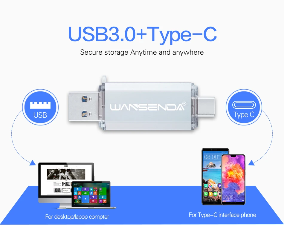 Usb 3,0 WANSENDA type C OTG флеш-накопитель металлический USB флэш-накопитель 16 ГБ 32 ГБ 64 Гб 128 ГБ 256 ГБ usb-носитель Флешка с углублением под большой палец-накопитель