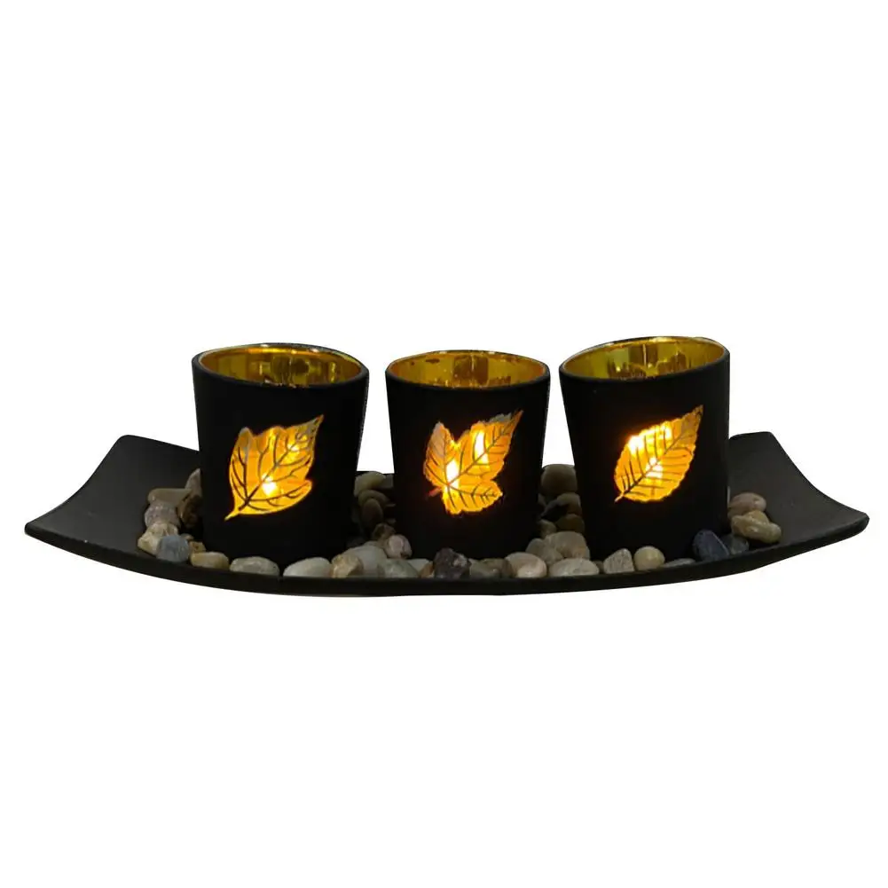 S Tea Light Candle Holders Set With Rocks And Tray Natural Candlestick Holder Black