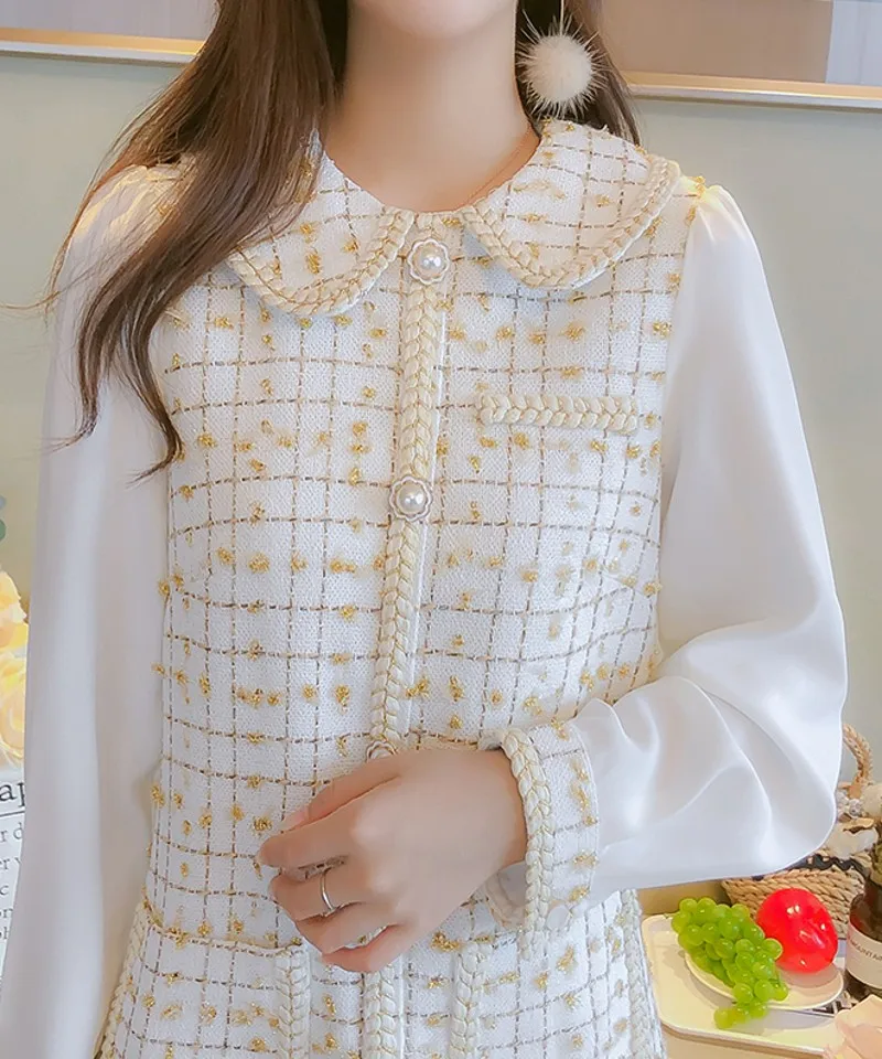 

2020 Autumn fashion Casual Long Sleeve Patchwork Tweed Dress Diamond Button Sexy Party Dress Vestidos