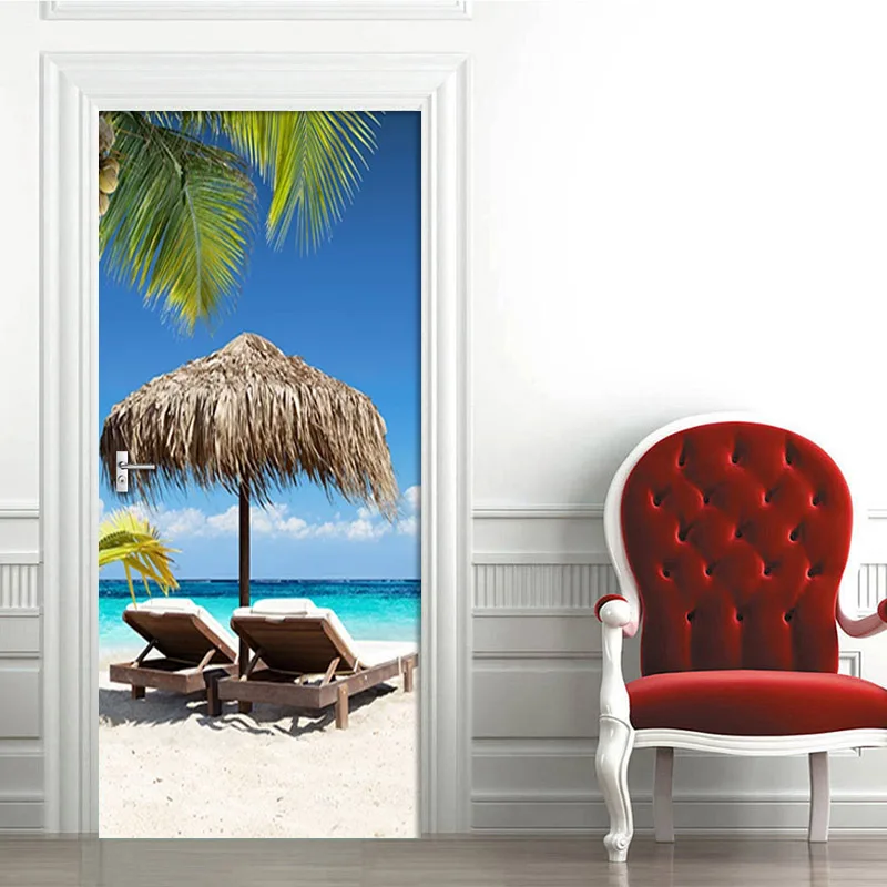 Beach Sunlight Coconut Tree Landscape 3D Murals PVC Self-Adhesive Waterproof Door Sticker Home Decor Wall Stickers Decals Poster | Дом и сад