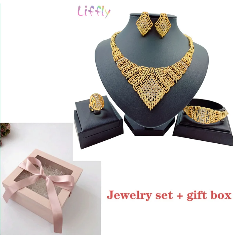 set 2 and box Африканское женское большое ожерелье, очаровательные женские ювелирные наборы, Кристальные серьги, кольцо, классический свадебный Модный Ювелирный Набор для невесты - Окраска металла: set 2 and box