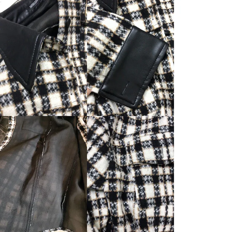 Шерстяное пальто WSYORE свободное приталенное в черную клетку с поясом большие