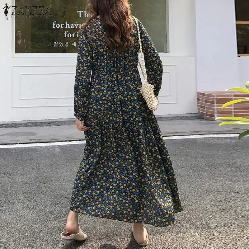 

Spring Elegant V neck Long Sleeve Sundress Fashion Party Vestido Women Bohemian Floral Printed Mid-calf Dress ZANZEA Plus Size