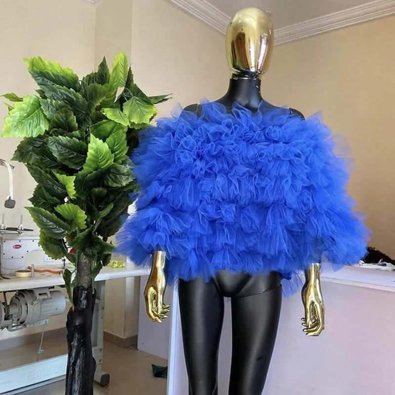 Trend 2020 Royal Blue Ruffles Tulle Women Blouses Puff Full Sleeves Off The Shoulder Women Top Shirt Ropa De Mujer