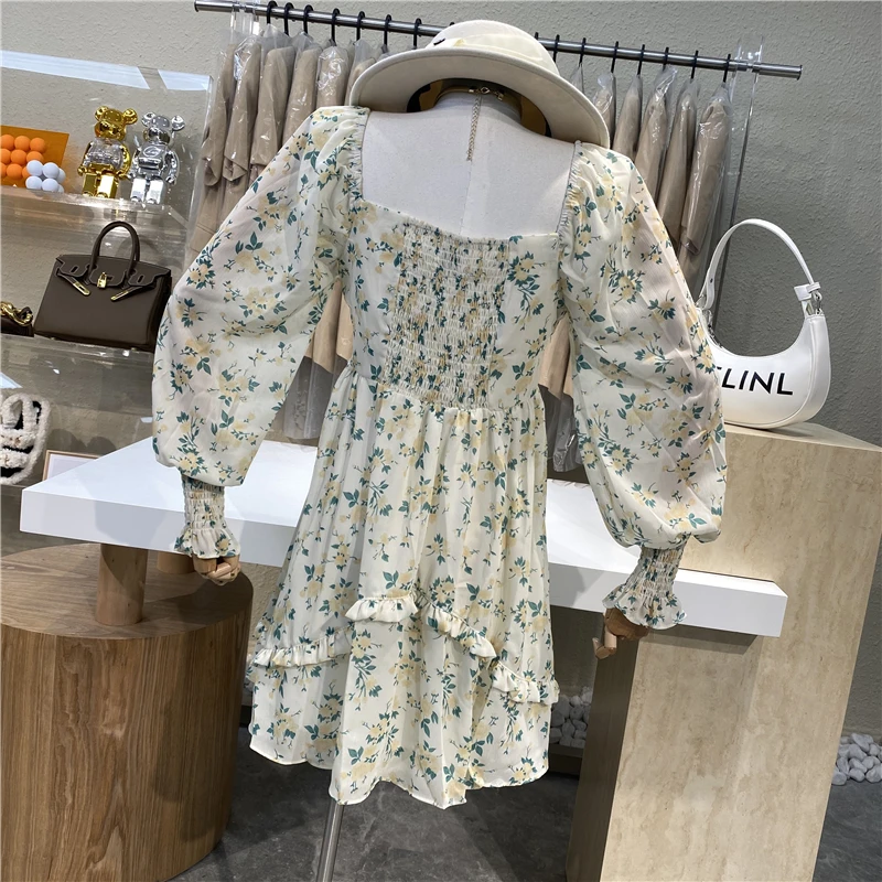 

Sweet Square Collar Floral Dress for Women Ins Slim Waist Ruffled A Line Dress Female Lantern Sleeve Large Size Dress