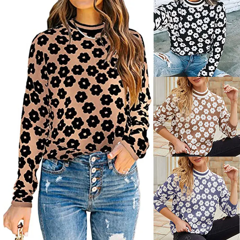 

Women Color Block Sweater Adults Loose Daisy Pattern Long Sleeve Round Neck Knitwear Pullovers